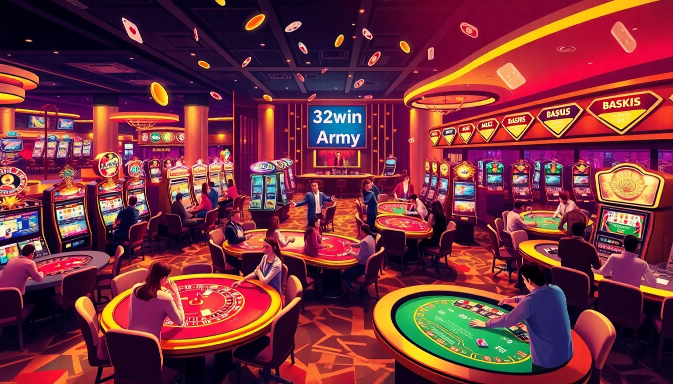Experience the thrill of winning at 32win.army with players at a vibrant casino, celebrating big wins at gaming tables.