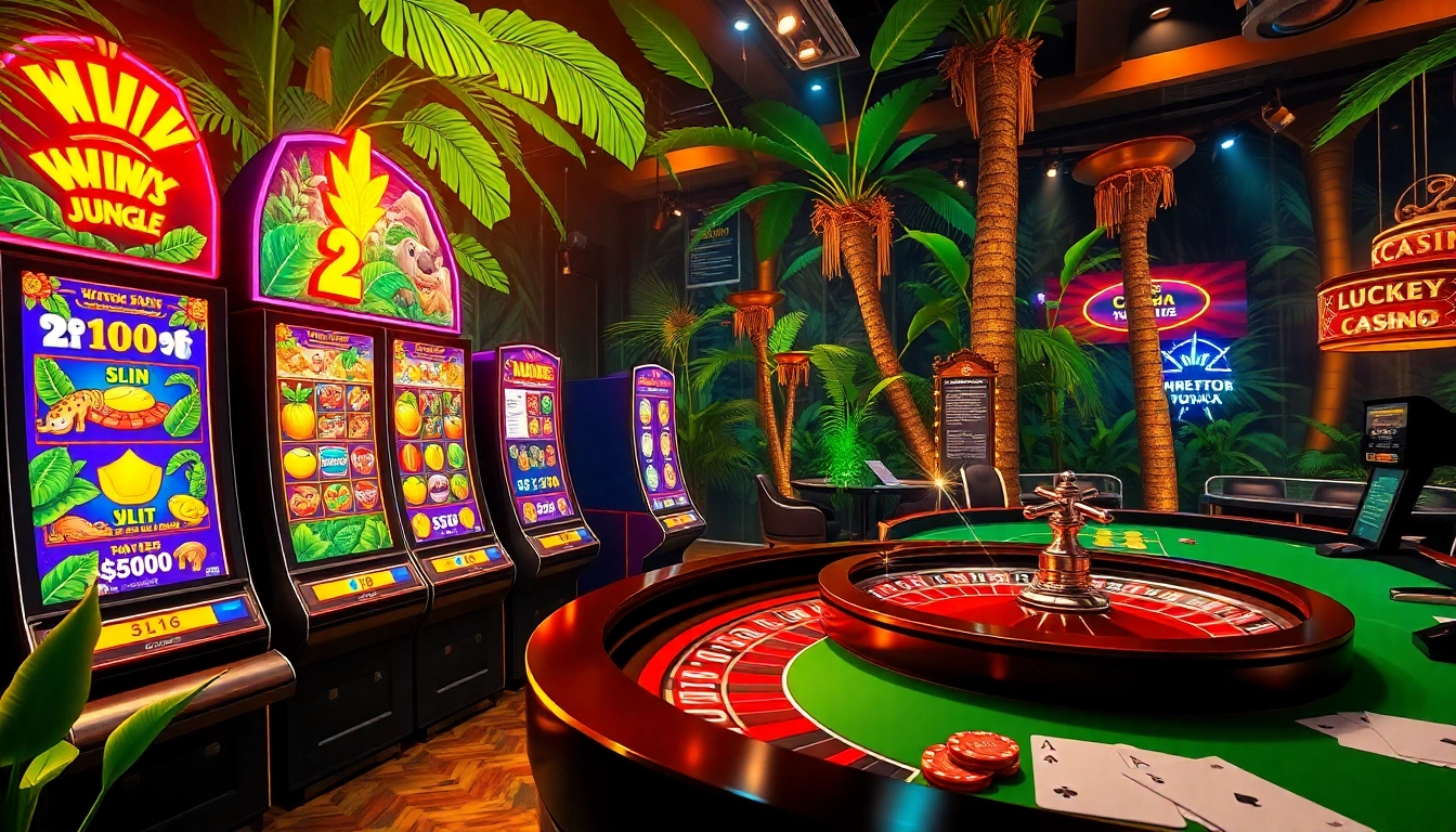 Lucky Jungle gaming interface featuring vibrant slot machines and poker tables, inviting players to win big.