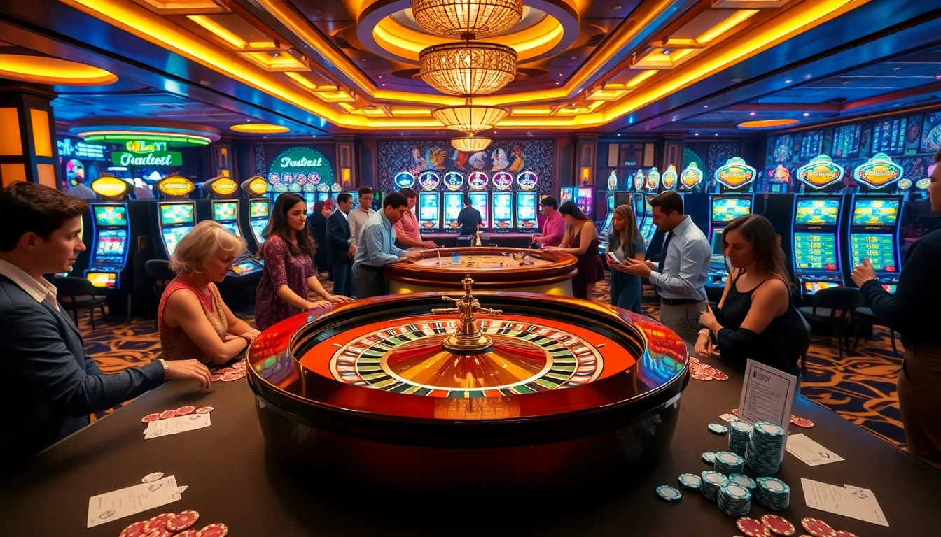 Exciting casino scene featuring debet betting slips on roulette tables and vibrant slot machines.