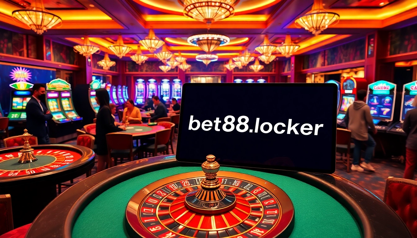 Experience the thrill of gambling at bet88vn.locker with vibrant casino tables, illuminated slot machines, and engaged players.