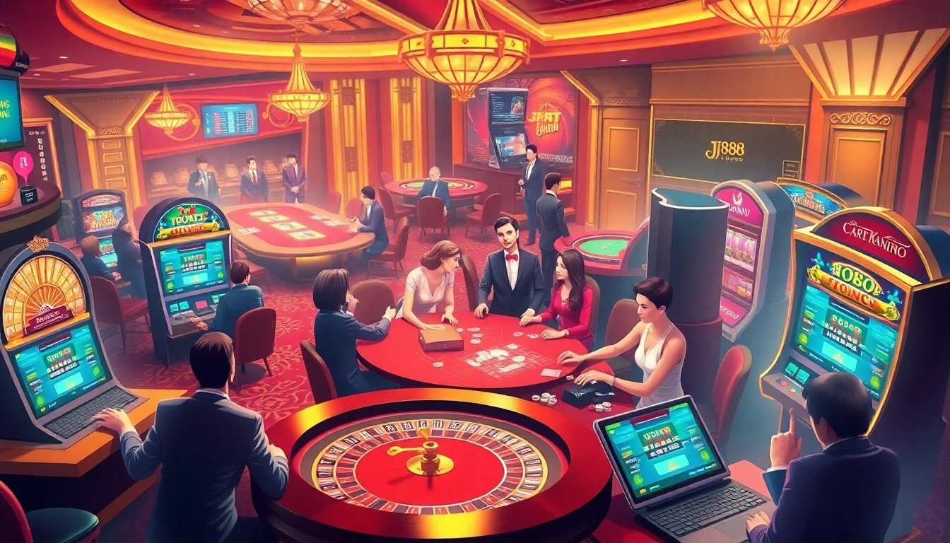 Experience the thrill of BJ88 thomo with intense online gambling action, showcasing players at casino tables and vibrant slot machines.
