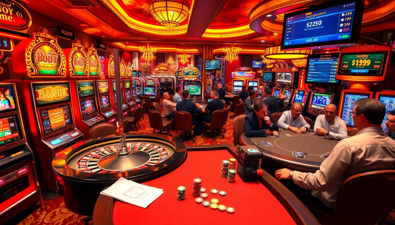 Experience the excitement at https://nohu90g.com with players at vibrant slot machines and a thrilling roulette table.