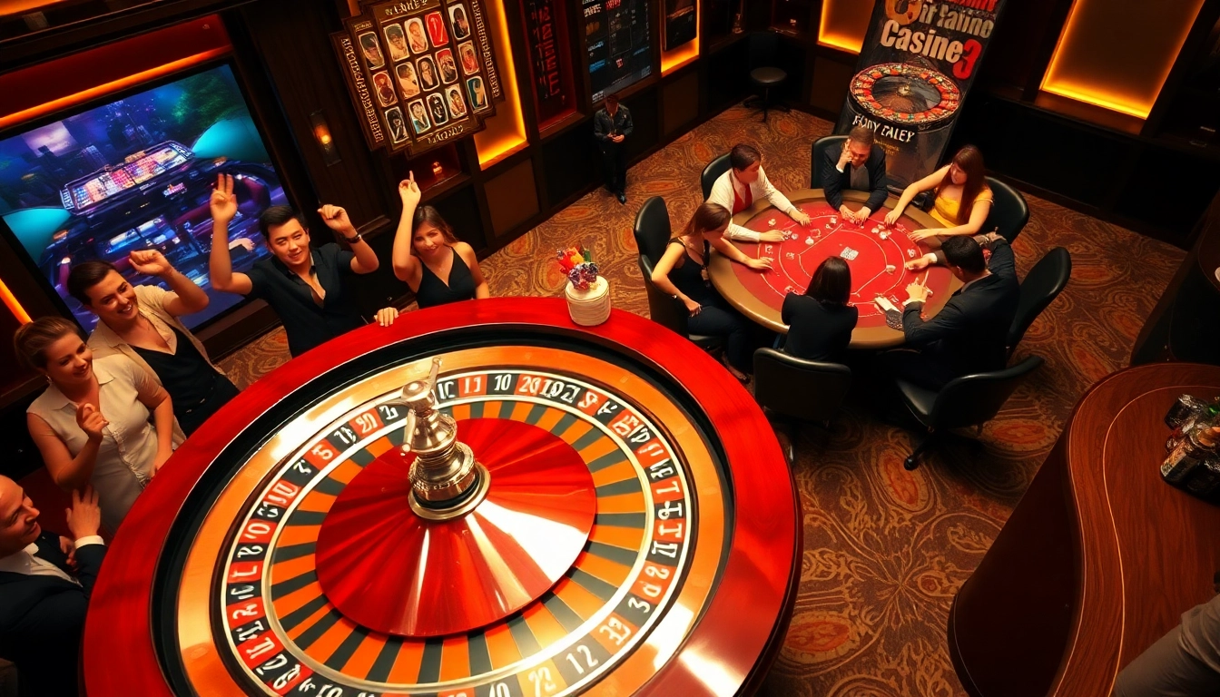 Supertkb88 players enjoying an exciting roulette game in a vibrant casino atmosphere.