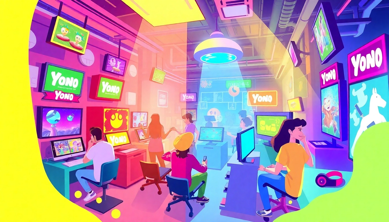 Engage with ALL YONO GAMES featuring vibrant visuals and players enjoying diverse game modes.