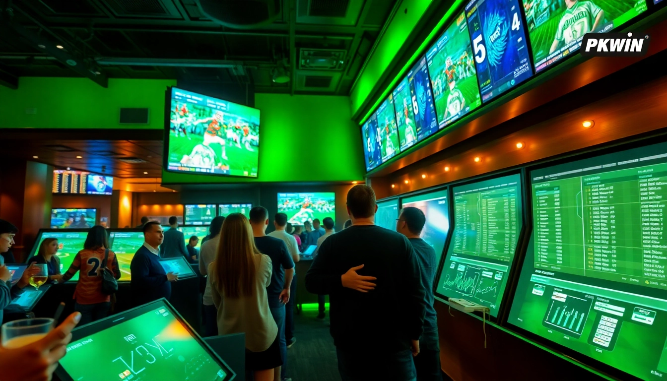 Enthusiastic bettors engaging with sports betting screens at pkwin's modern lounge.