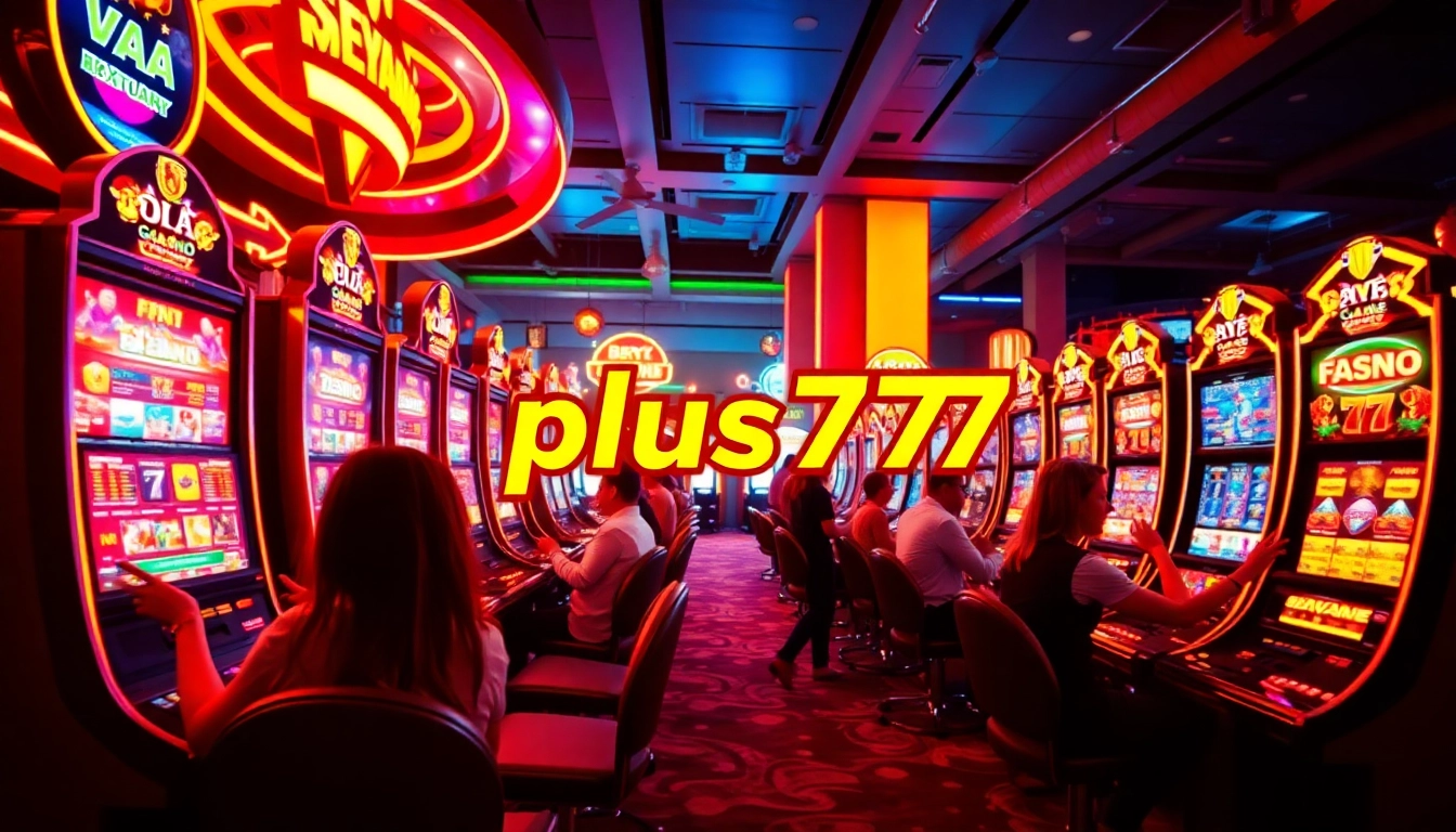 Players enjoying thrilling games at plus777's online casino, surrounded by vibrant lights and excitement.