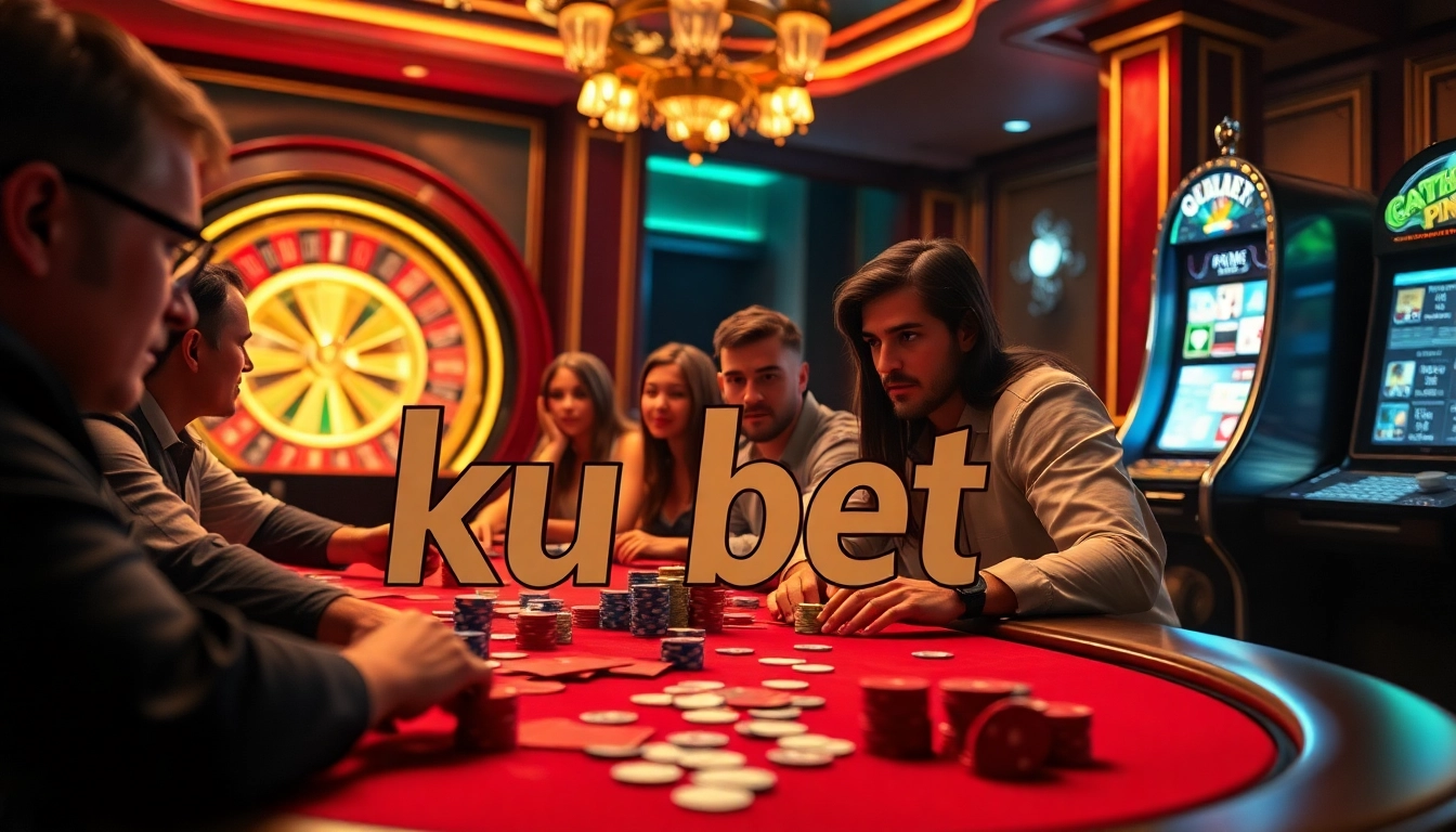 Experience the thrill of ku bet at a luxurious casino poker table filled with vibrant chips and players in action.