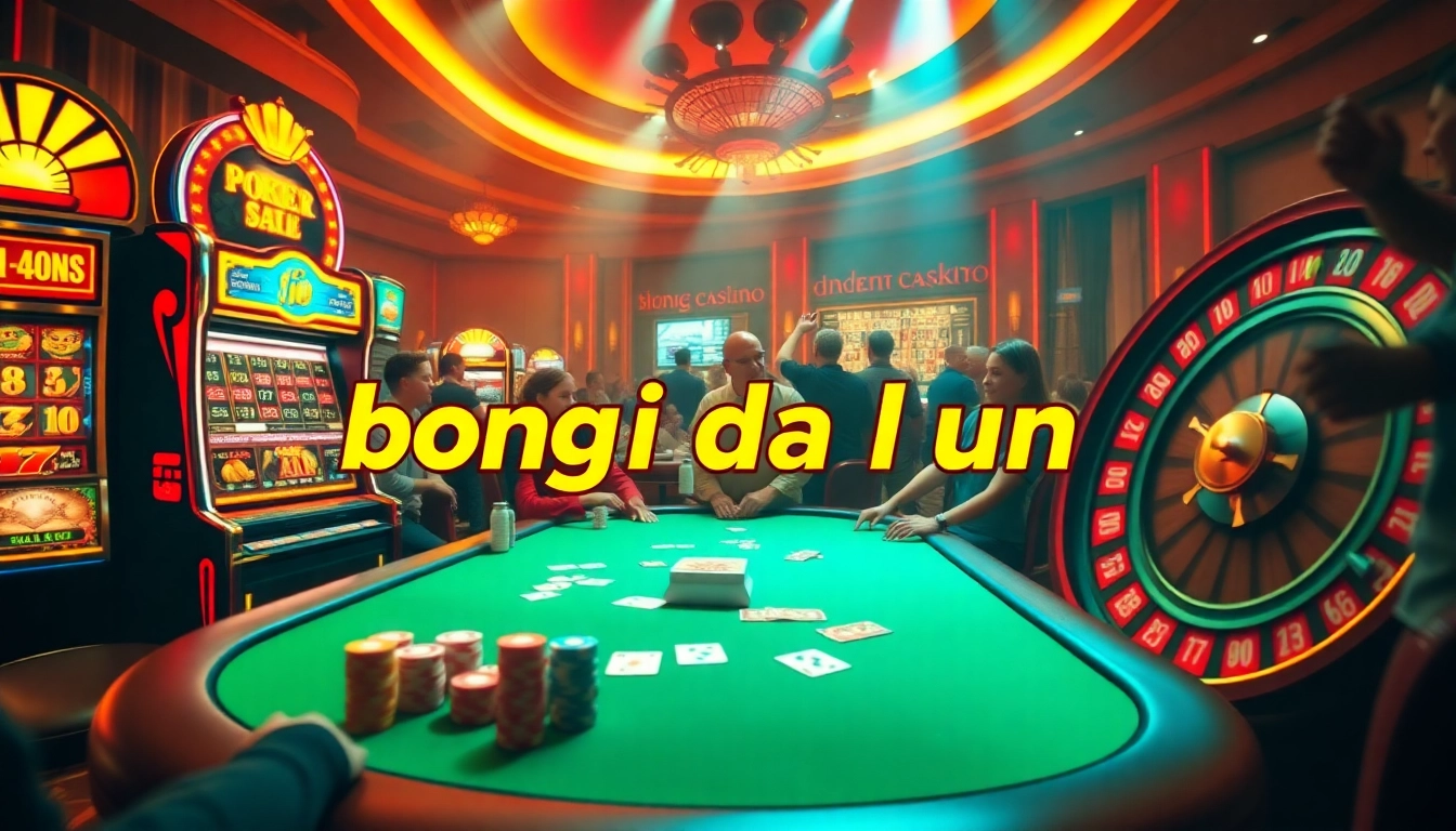 Engage in the excitement of gambling with "bong da lu fun" as players strategize at a lively poker table surrounded by slot machines and roulette wheels.