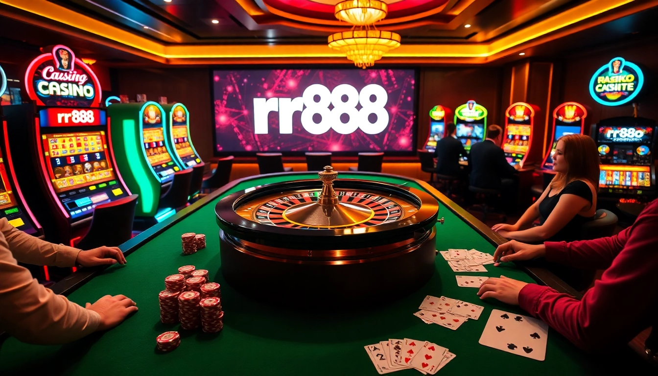 Engage with the excitement of rr88 casino as players strategize at the roulette table, surrounded by vibrant poker chips and cards.