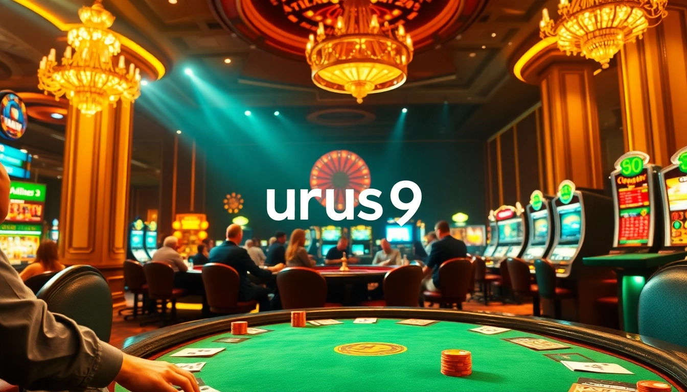 Engage in the excitement of casino gaming with urus9-branded poker chips and colorful cards at an upscale gaming table.
