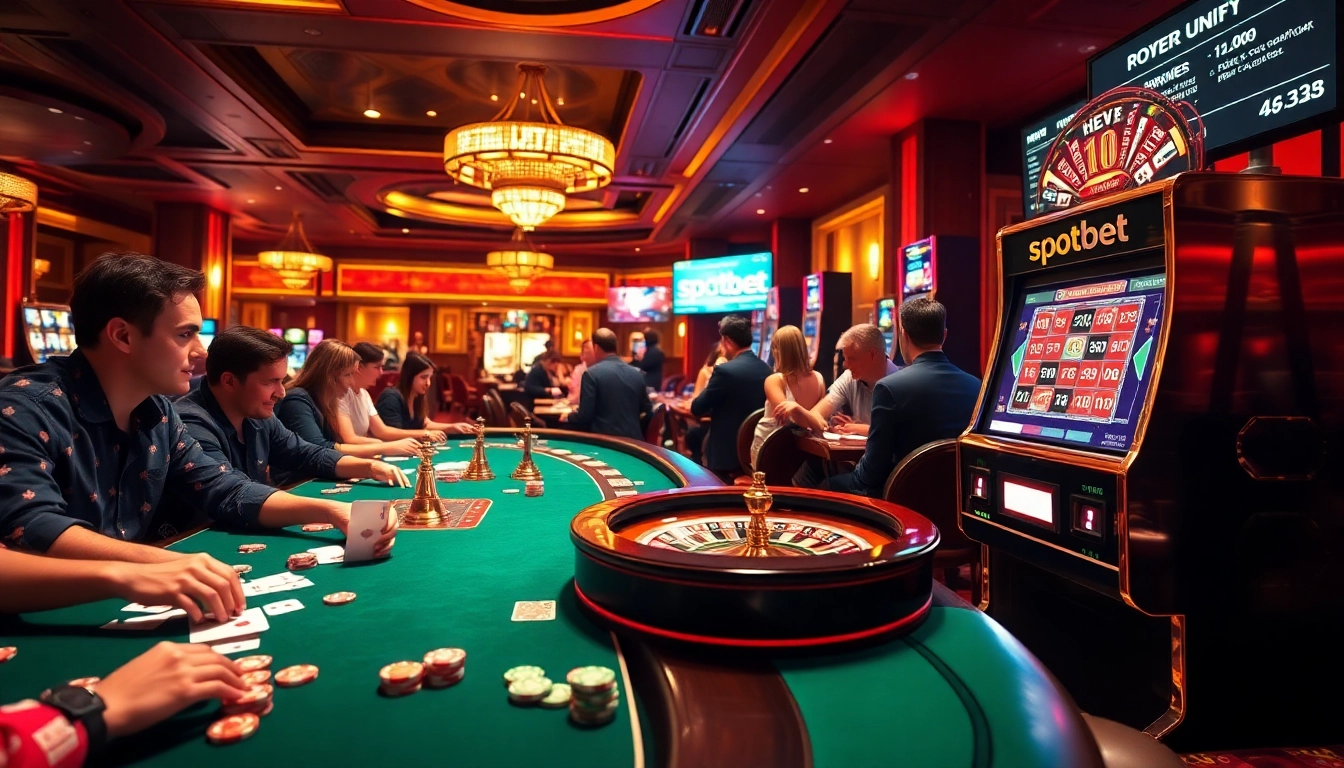 Players enjoying high-stakes action at spotbet casino tables, with vibrant chips, cards, and roulette wheels.
