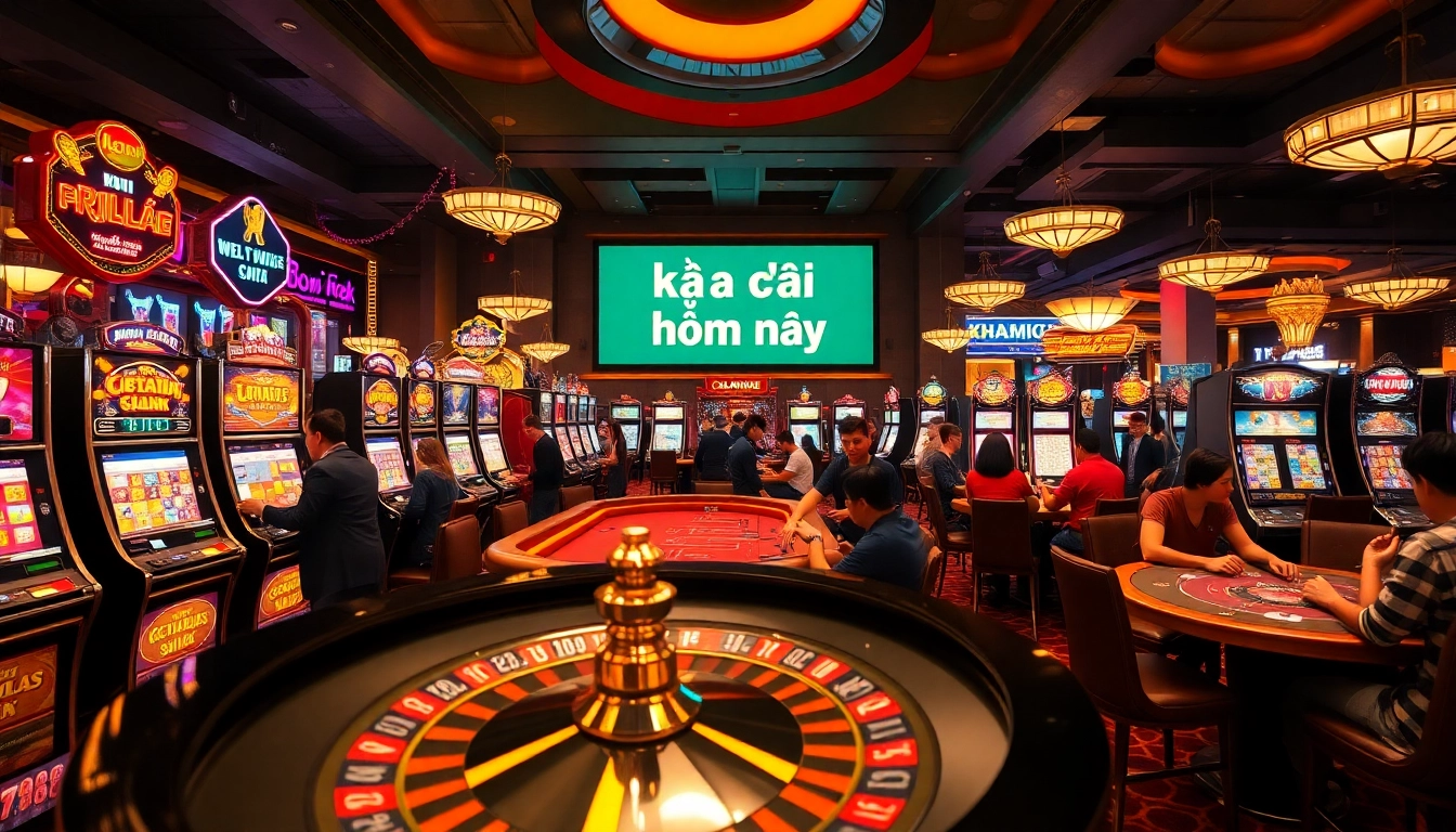 Gamblers exploring kèo nhà cái hôm nay at a lively casino with vibrant slot machines and poker tables.