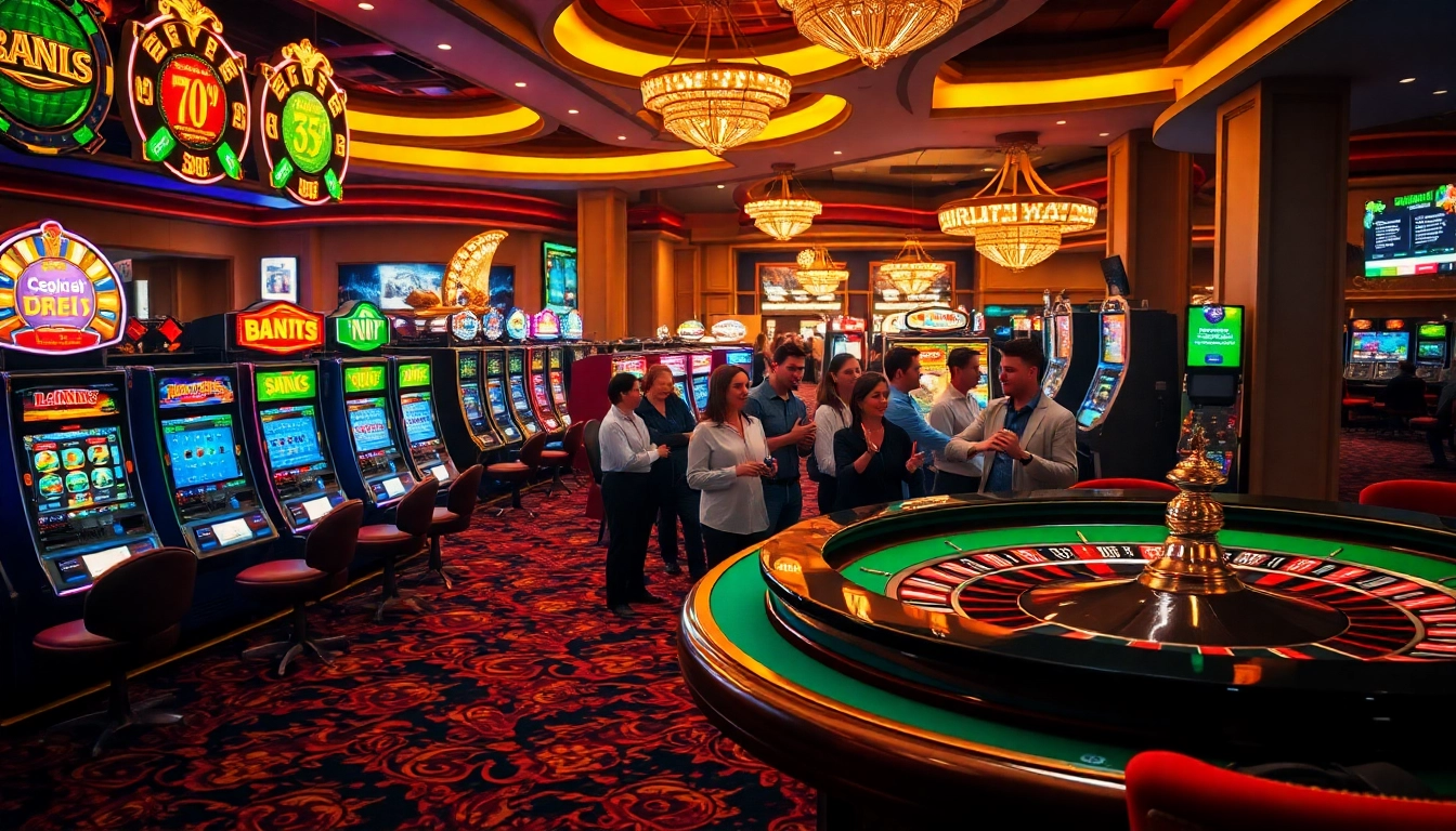 The dynamic casino scene at https://shbets.net/ showcases players enjoying thrilling games with vibrant slot machines and a roulette wheel.