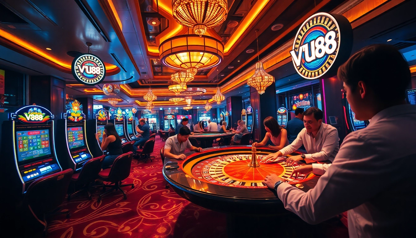 Engage in high-stakes gambling at VU88, featuring lively players at roulette and blackjack tables within an opulent casino environment.