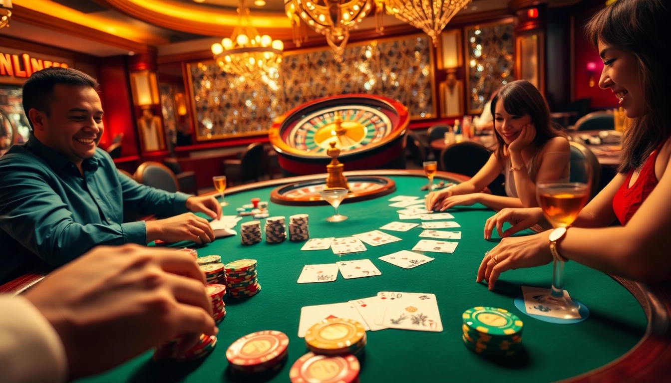 Players strategizing at a lively poker table showcasing LINK BJ88 gaming excitement.