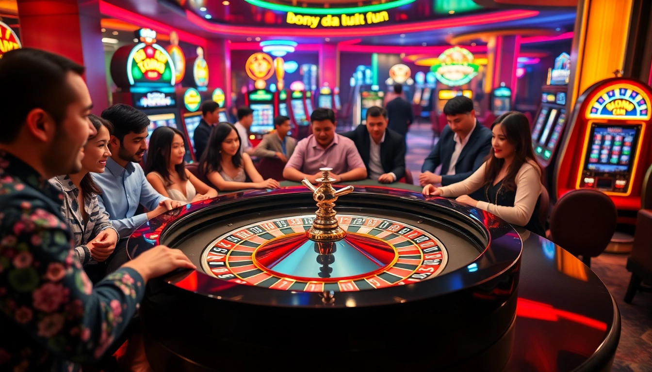 Experience the excitement of bong da lu fun at a lively casino with players at roulette tables and vibrant slot machines.