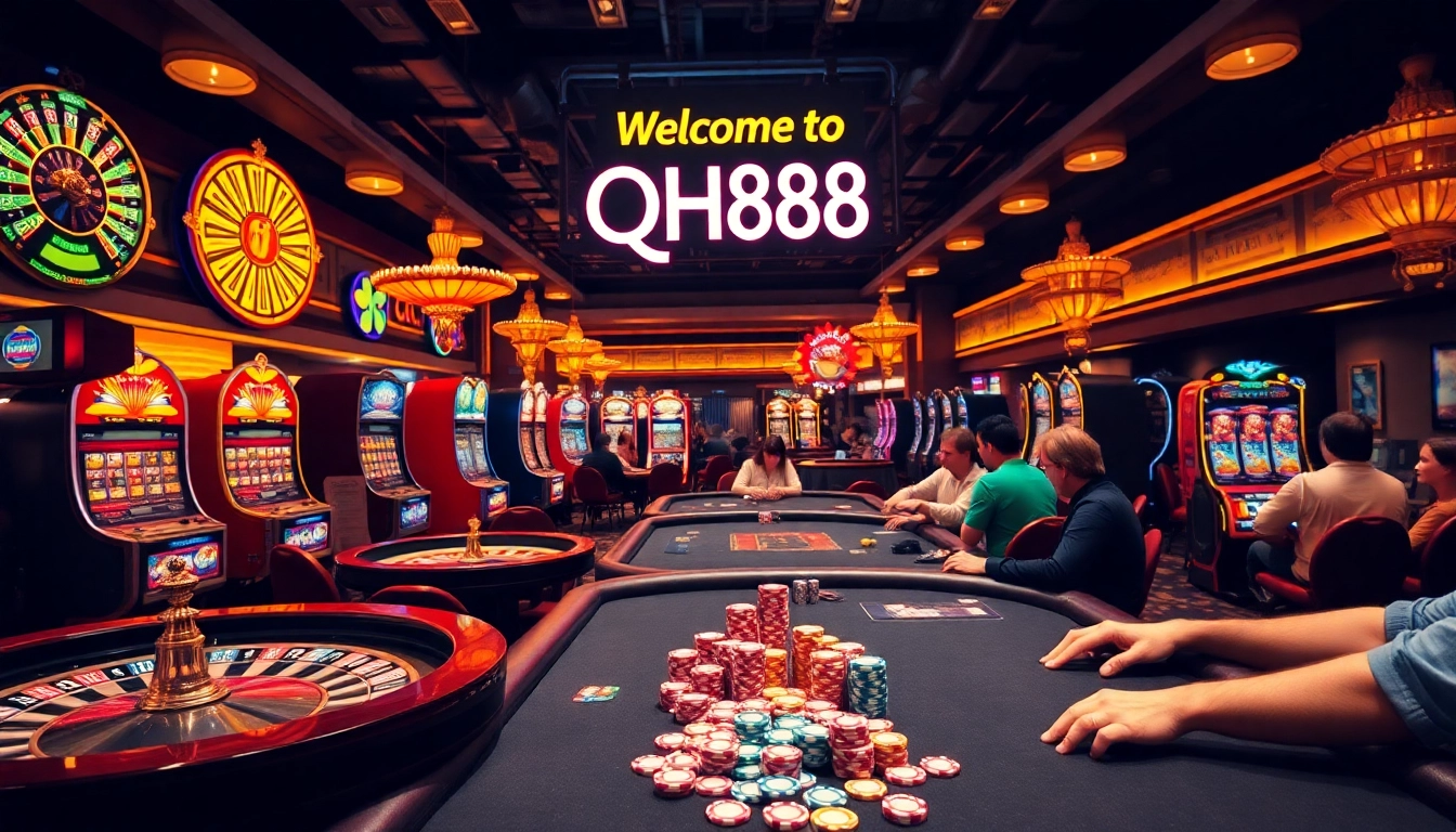 Discover the thrill of gameplay at QH88's casino with vibrant slot machines and engaging roulette tables.