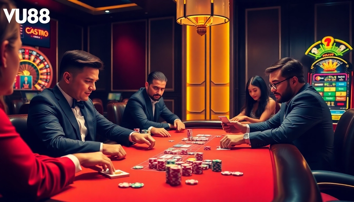 VU88 poker players intensely strategizing their next move at a high-stakes table surrounded by vibrant casino lights.