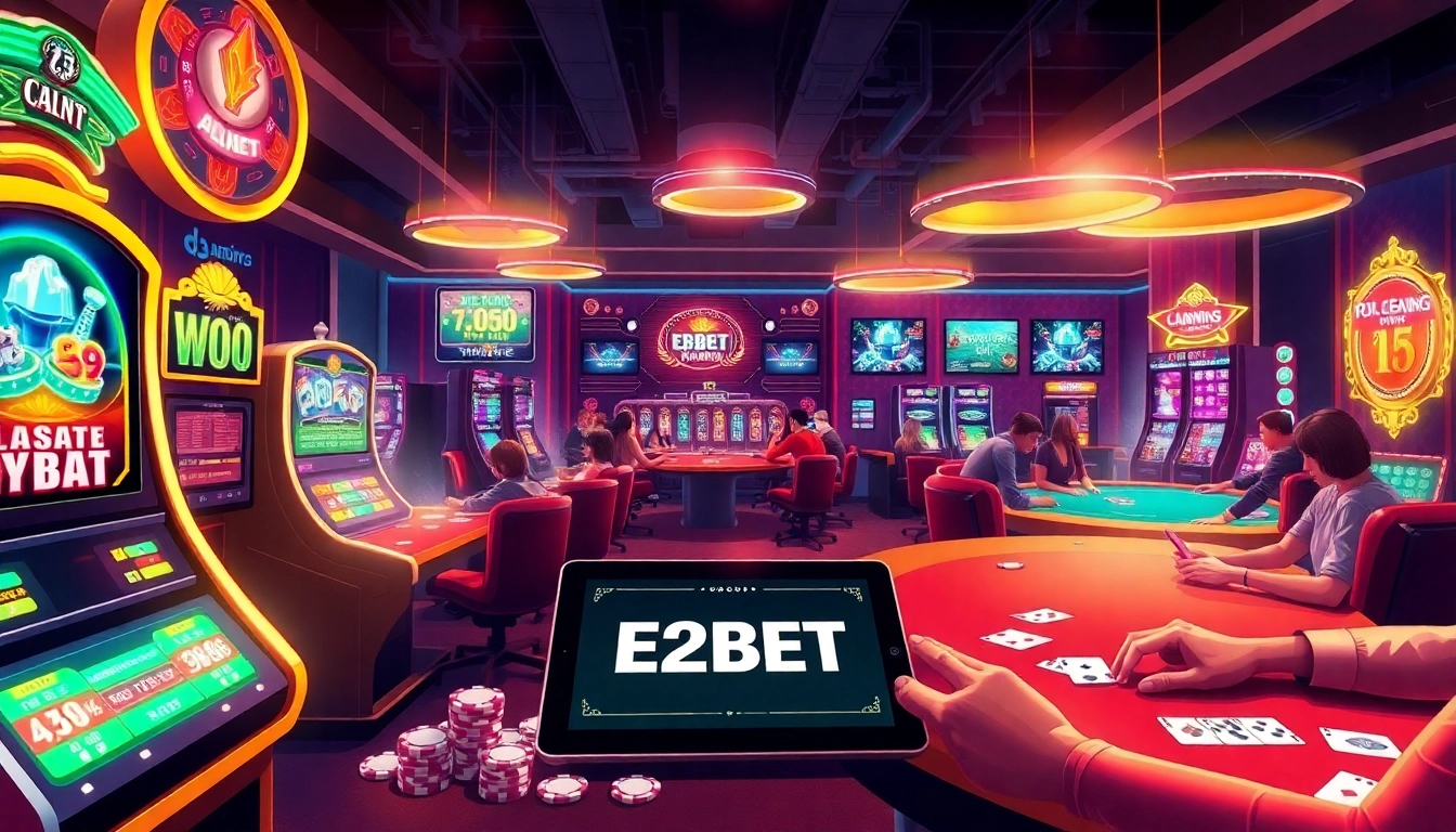 E2BET online casino experience showcasing vibrant slot machines and engaging poker gameplay.