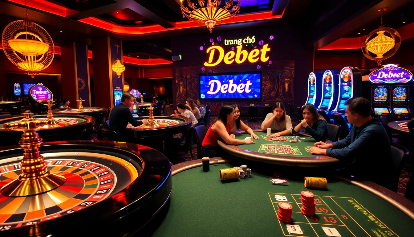 A lively casino scene featuring players at poker tables, roulette wheels, and vibrant slot machines, encapsulating the essence of trang chủ Debet.