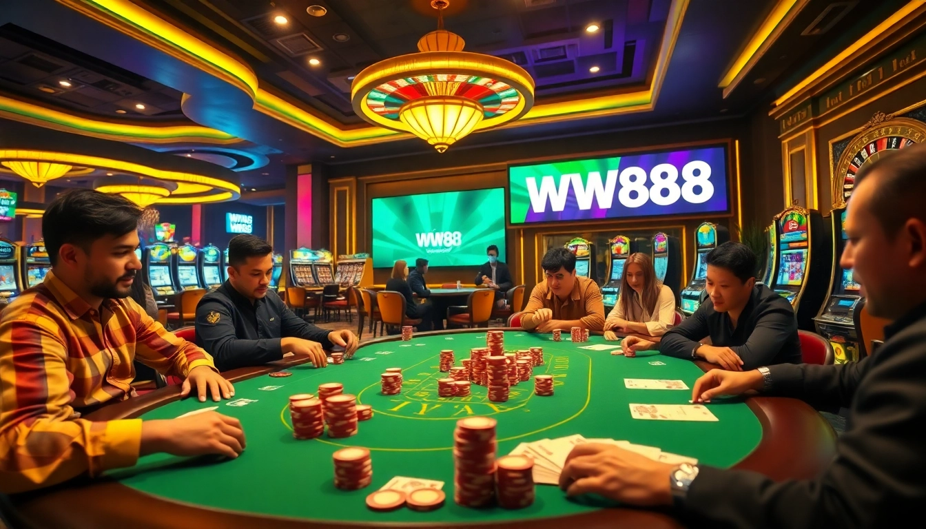 Experience the excitement of 'trang chủ WW88' at a high-stakes poker table surrounded by intense players.