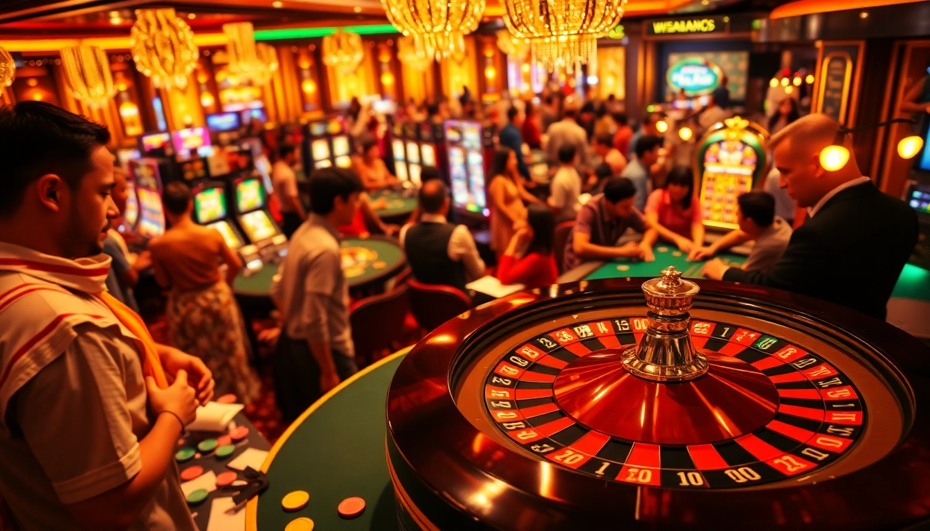 Engage in thrilling casino gameplay with https://ketqua24.net/ showcasing vibrant poker tables and roulette wheels.