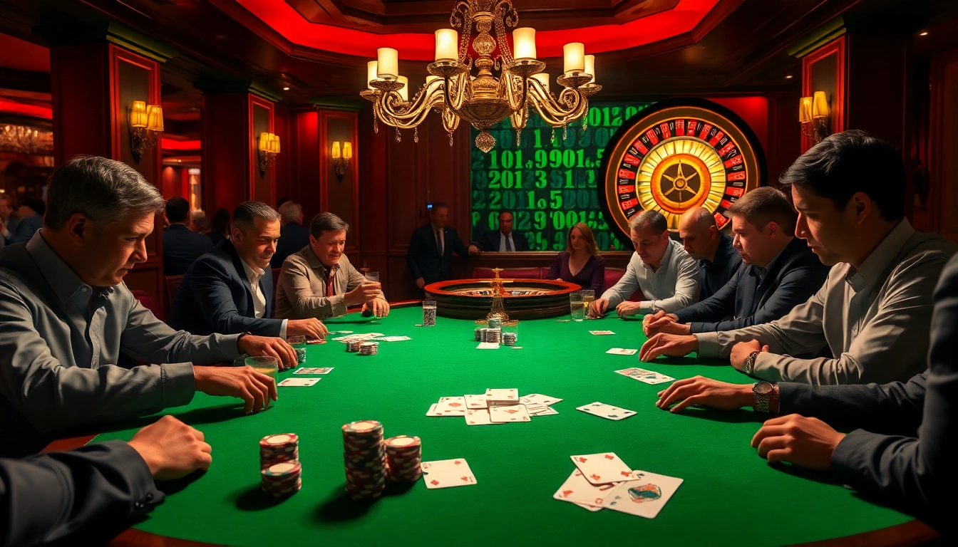 Experience thrilling poker excitement at https://tylekeouytin.com/ with players at a high-stakes game surrounded by vibrant casino atmosphere.