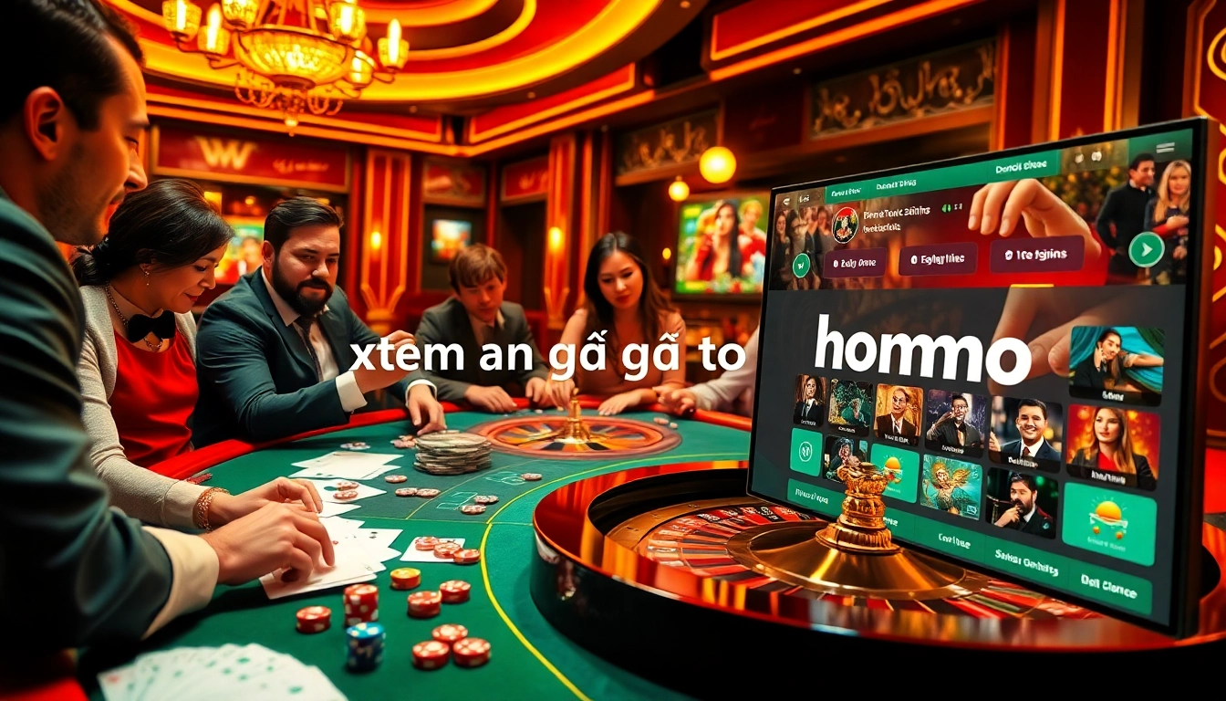 Xem đá gà thomo on an engaging casino table scene with gamblers and vibrant betting elements.