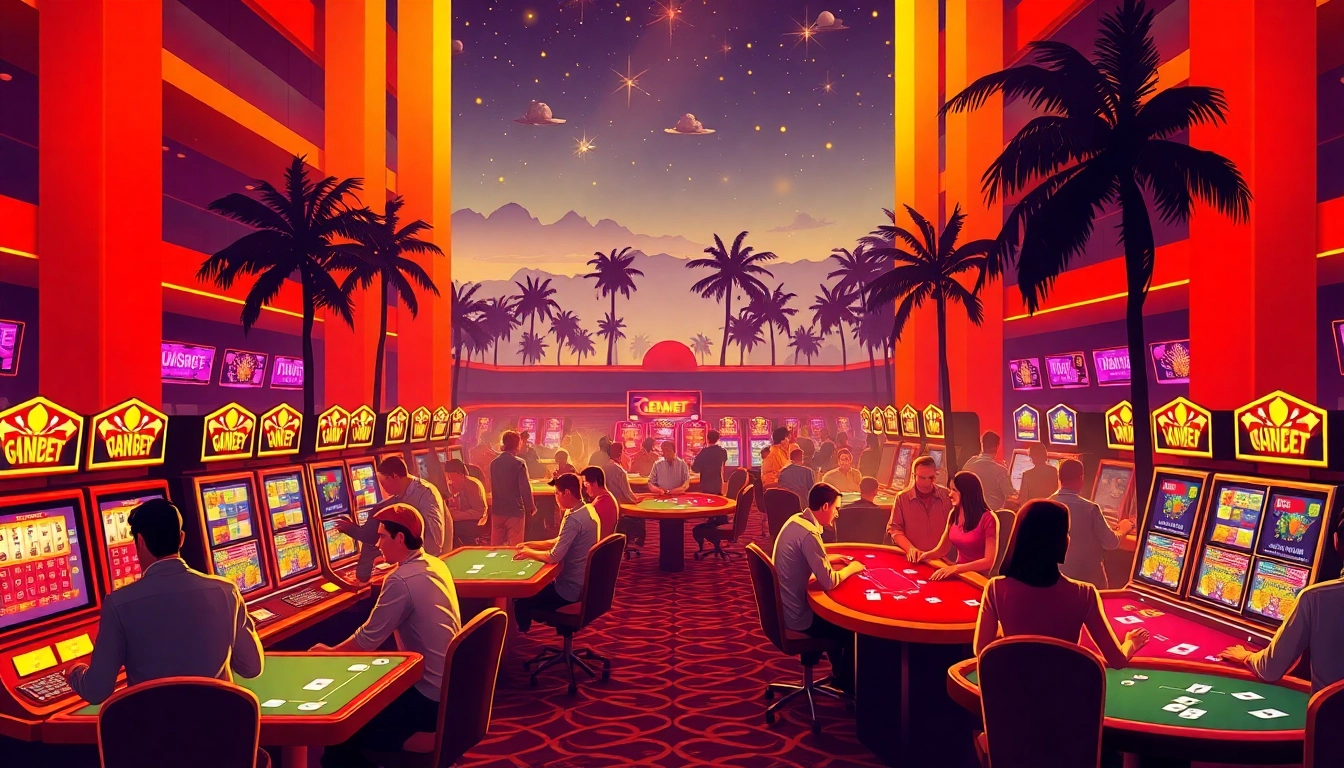 Experience the excitement of GemBet Online Casino with vibrant games and players engaged in thrilling action.