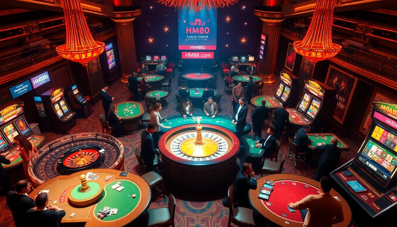 Gamblers enjoying a thrilling night at the casino with hm88. com showcased on a digital screen.